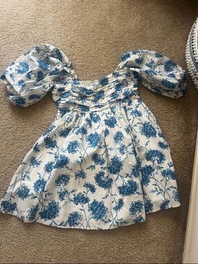 Abercrombie Blue Floral Emerson Poplin Puff Sleeve Mini Dress